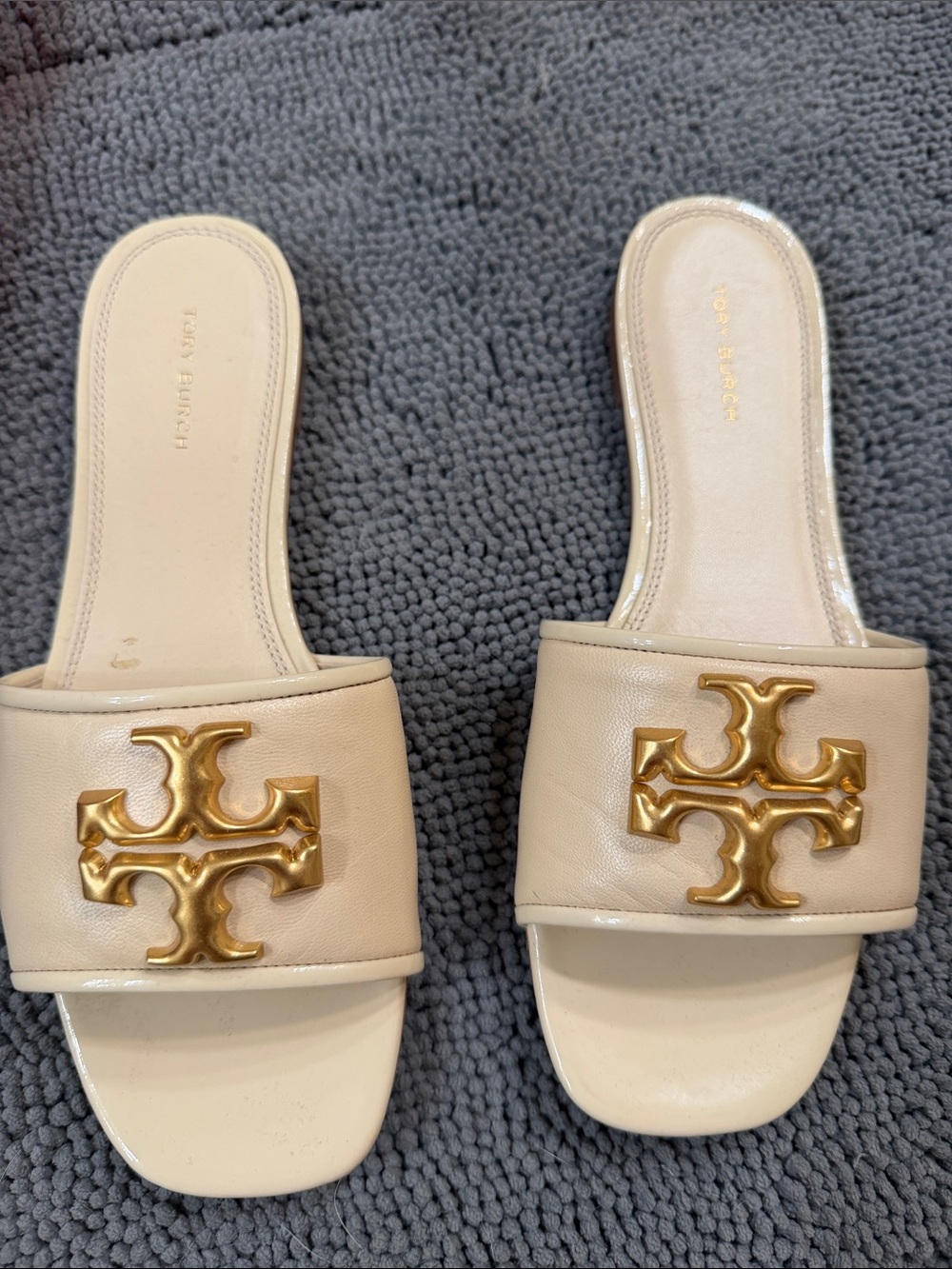 Tory Burch Eleanor Cream Leather Slide Mules with Gold Logo size 7 - Picture 2 of 9